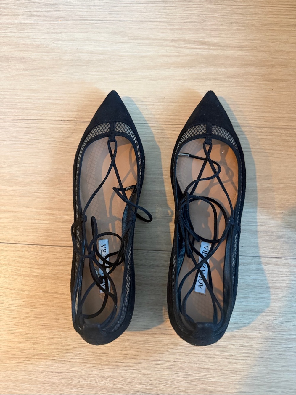 Aquazzura Black Pointed-Toe Lace-Up Mesh Flats